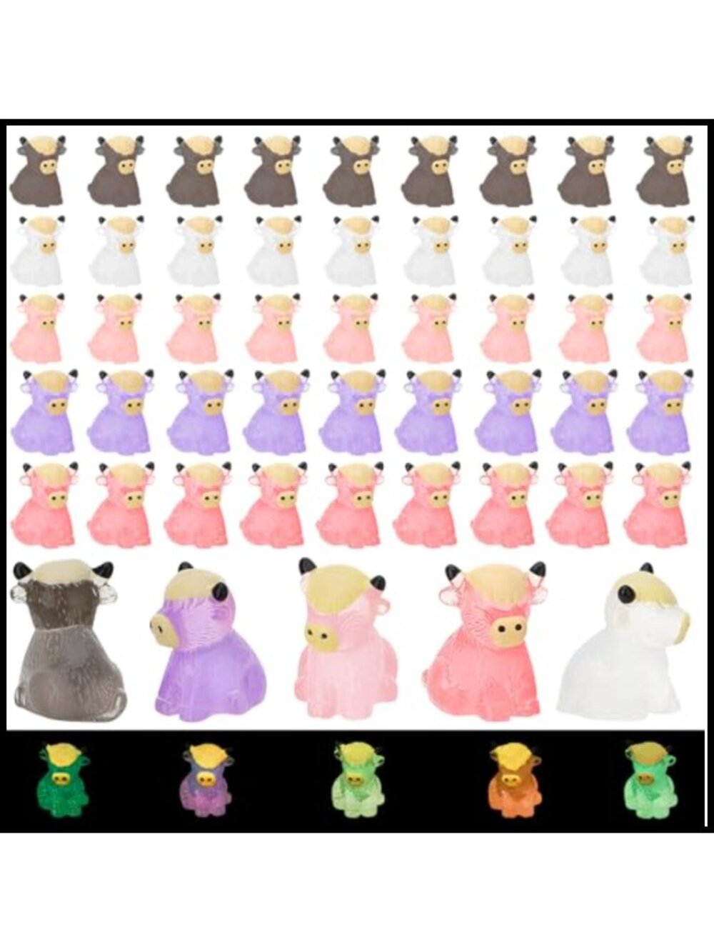 50pc Mini Resin Highland Cow Figurines Glow in Dark Dollhouse Decor